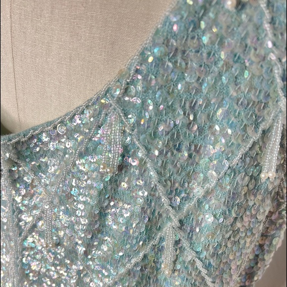 Vintage baby blue iridescent sequin pearl retro flapper top M - Picture 3 of 8